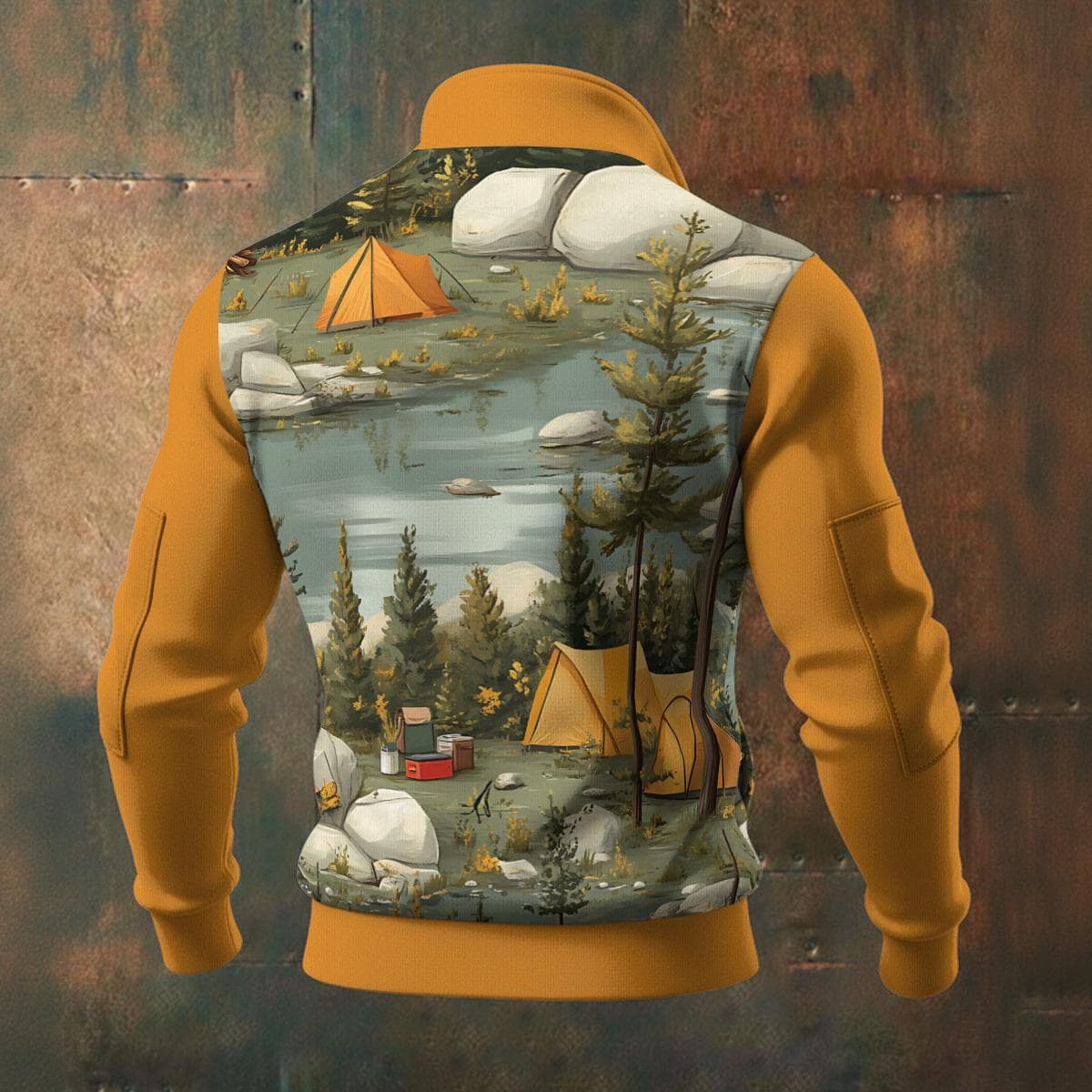 Men's Camping Scene Fleece Zip-Up Jacket - Cozy Outdoor Adventure Graphic Hoodie