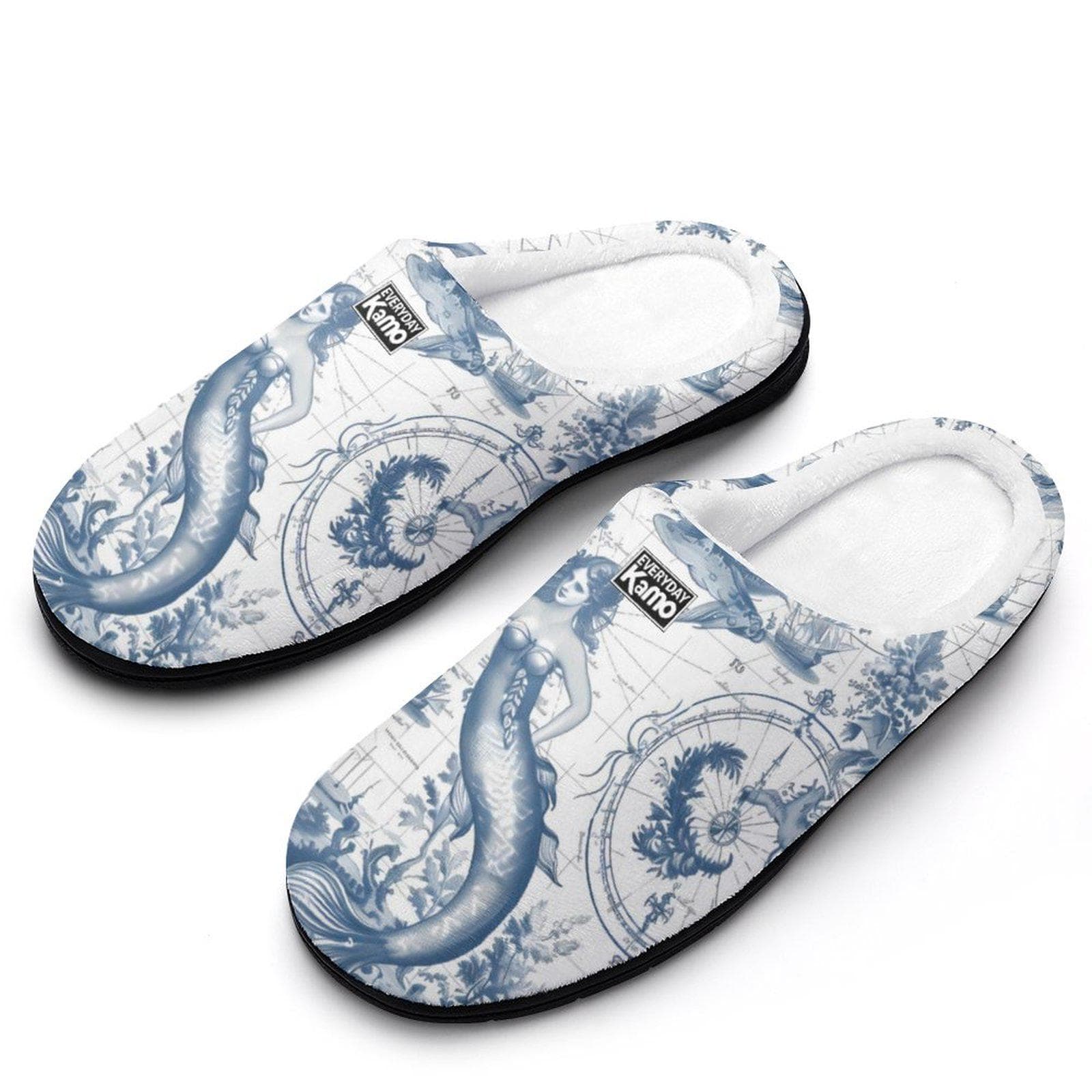 Enchanting Mermaid Toile Cotton Slippers for Women - Cozy Nautical House Shoes with Anti-Skid Sole