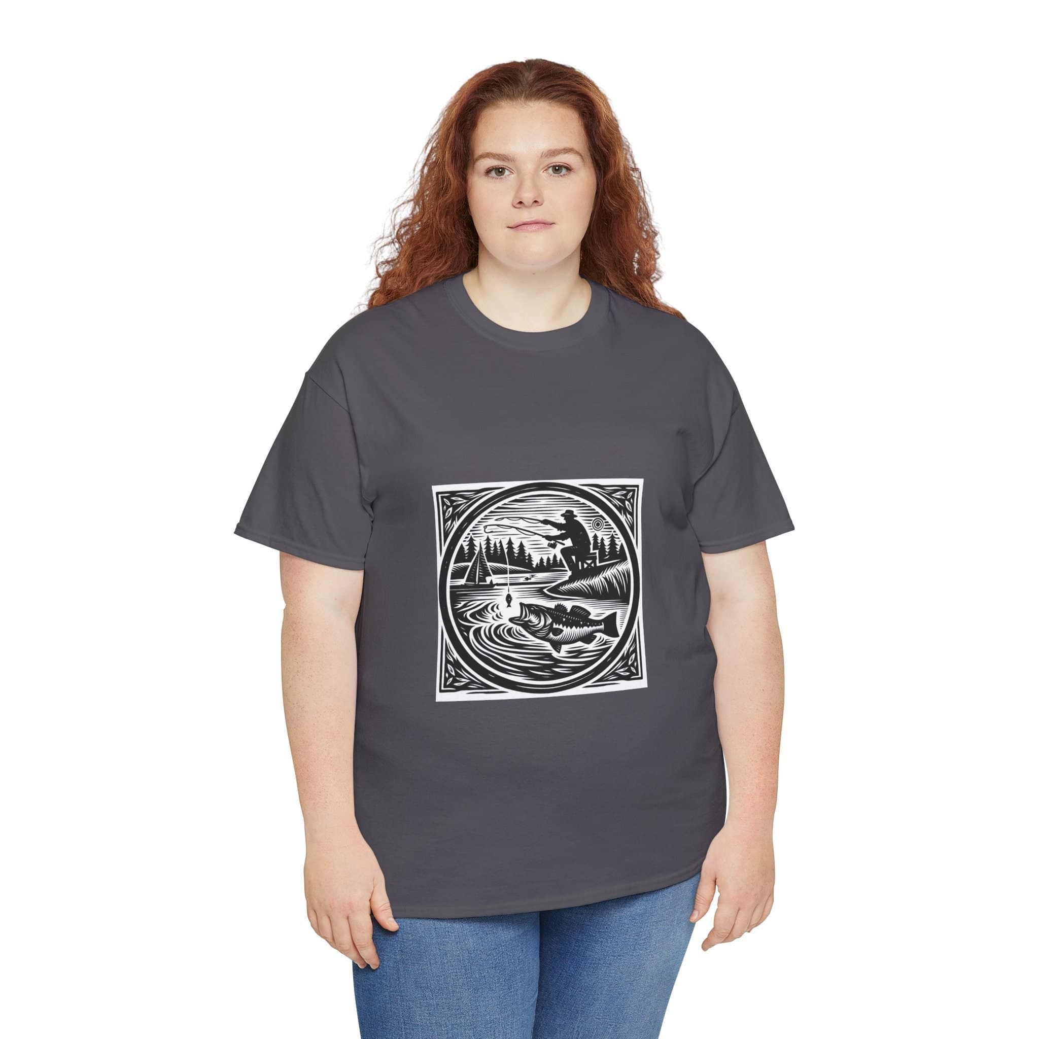 Fishing Woodcut Print T-Shirt | Bass Angler Tee | Vintage Black & White