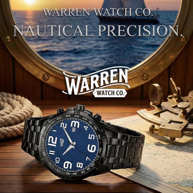 Warren Watch Co. Nautical Precision Metal Chronograph Watch - Men's Blue Dial, Stainless Steel Band