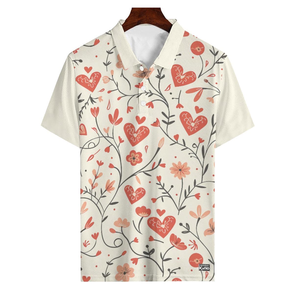 Heart & Floral Print Polo | Breathable Polyester Valentine's Top