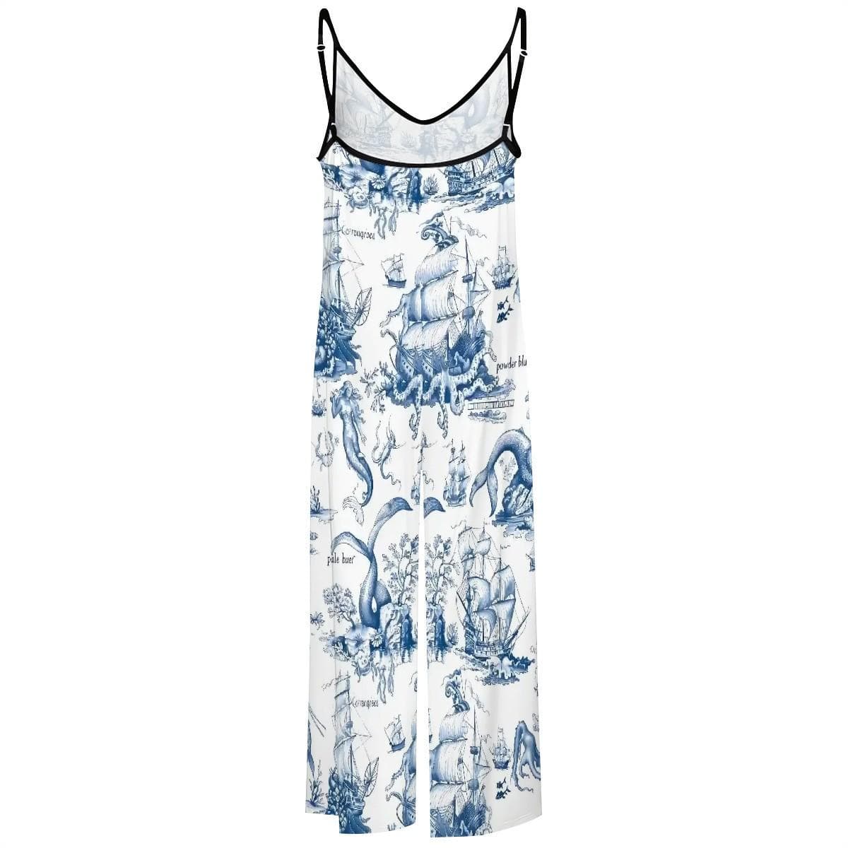 Nautical Toile Jumpsuit | Blue White Mermaid Ship Print Wide Leg Suspender Romper