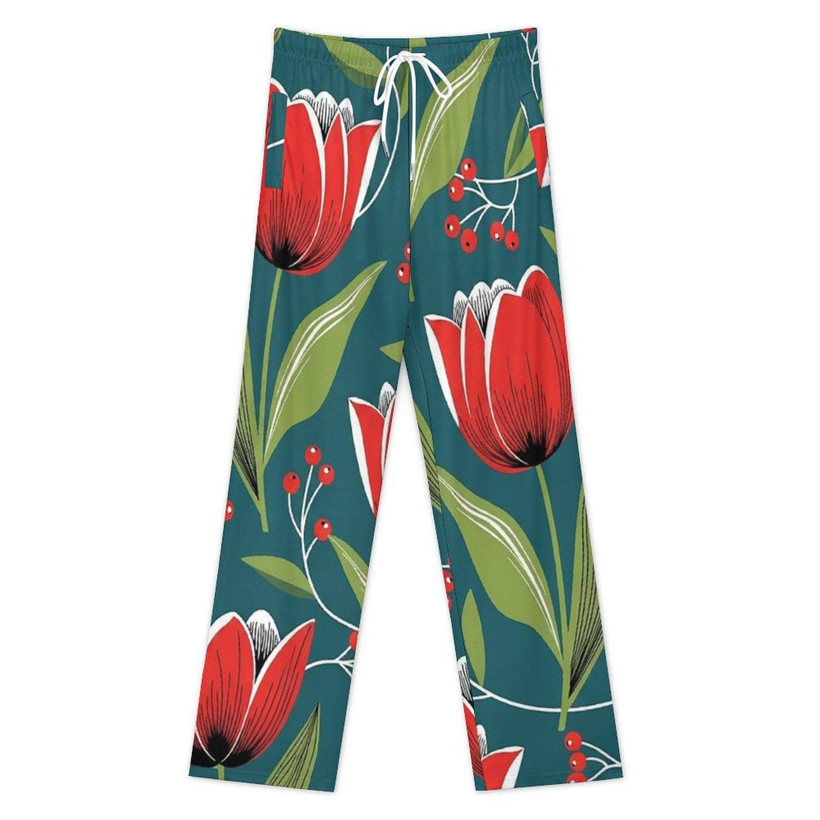 Vibrant Red Tulip Cotton Pajama Pants for Women | Soft Floral Wide Leg Lounge Wear | Breathable Sleep PJs | Cozy Gift