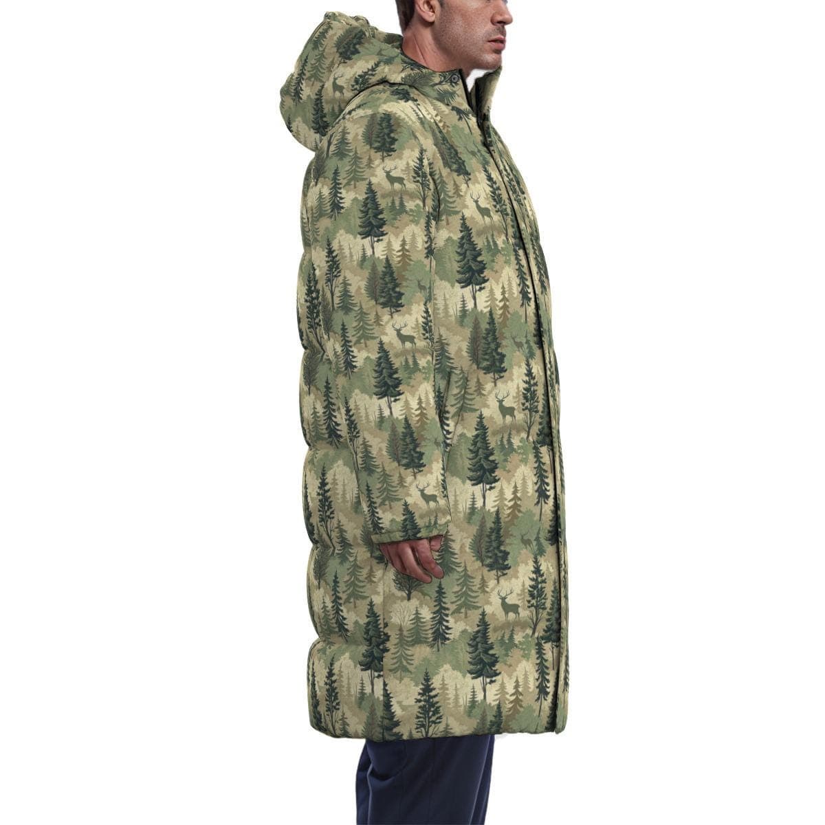 Majestic Deer Forest Camo Men's Long Down Puffer Parka - Windproof Winter Warmth