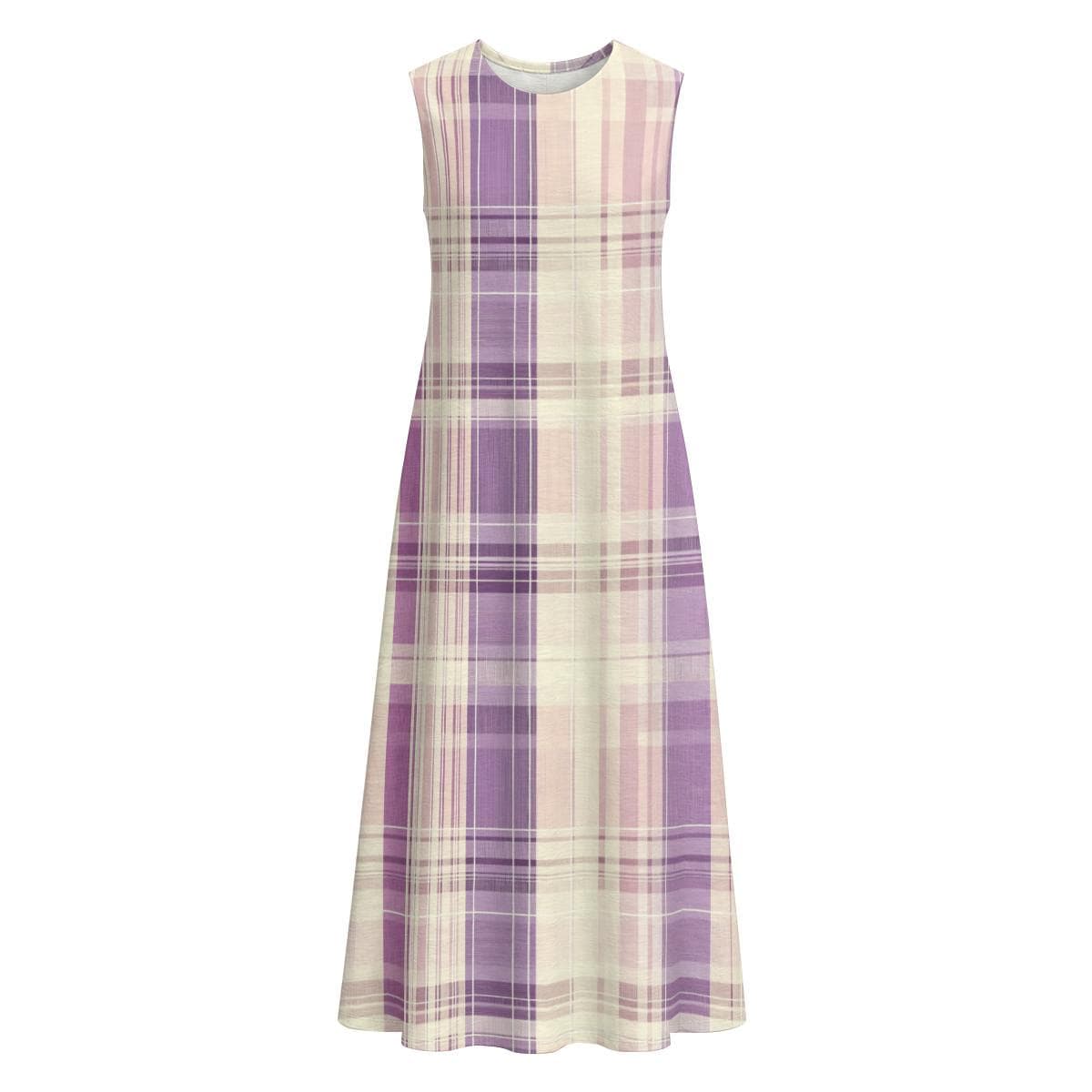 Purple Plaid Sleeveless Midi Dress, Cotton Slub A-Line Summer Sundress, Lightweight Textured Casual Maxi