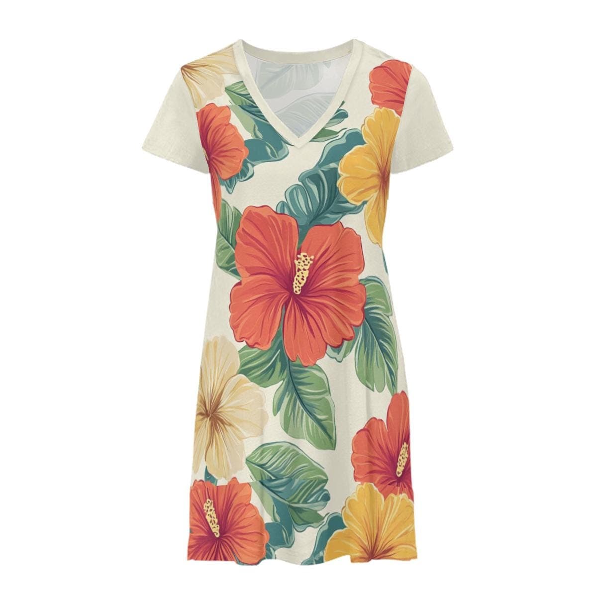 Everyday Kamo | Tropical Hibiscus V-Neck Dress | Short Sleeve Floral Mini Dress | Silky Milk Silk Resort Wear | Summer Vacation Casual