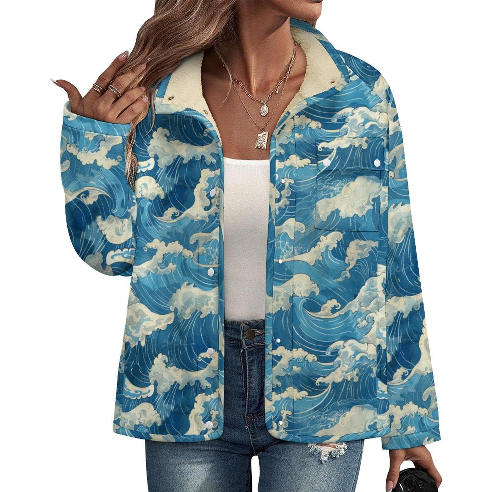 Coastal Wave Fleece Shacket | Sherpa Lined Stand-up Collar Jacket | Ocean Print Cozy Outerwear