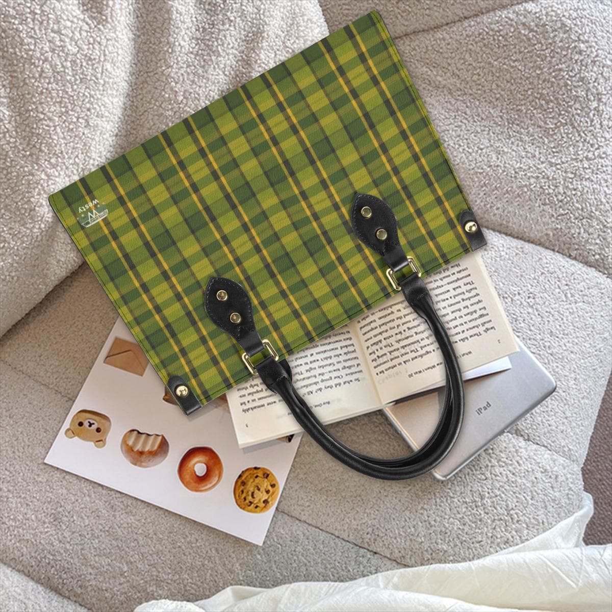 Westfalia Green Plaid Tote Bag | Double-Sided Leather Handbag | Large Capacity & Stylish Travel Purse