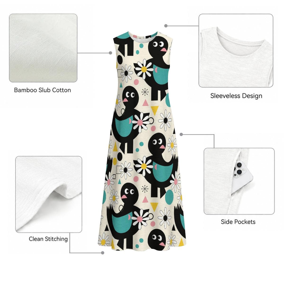 Playful Bird & Daisy Cotton Slub Midi Dress | Sleeveless A-Line Summer Dress | Comfy Casual Resort Wear