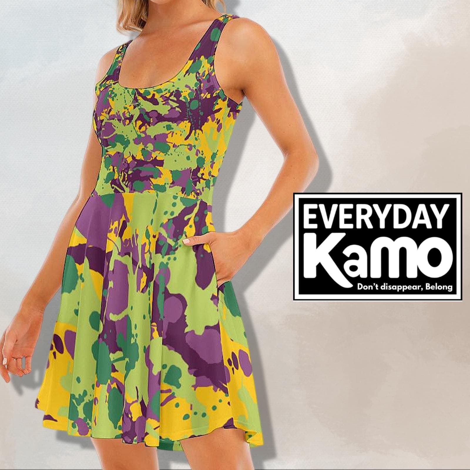 Vibrant Urban Kamo Skater Dress with Pockets - "Don't Disappear, Belong"