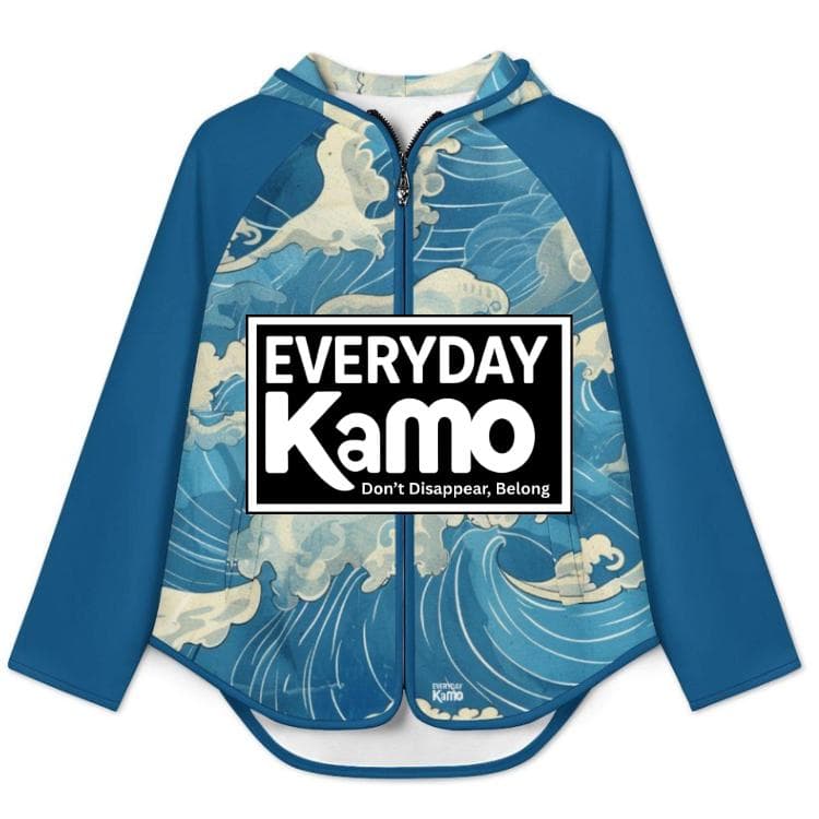 Everyday Kamo Great Wave Full-Zip Fleece Hoodie | Japanese Art Ocean Print Slim-Fit Jacket | Cozy Warm Zip Up Outerwear