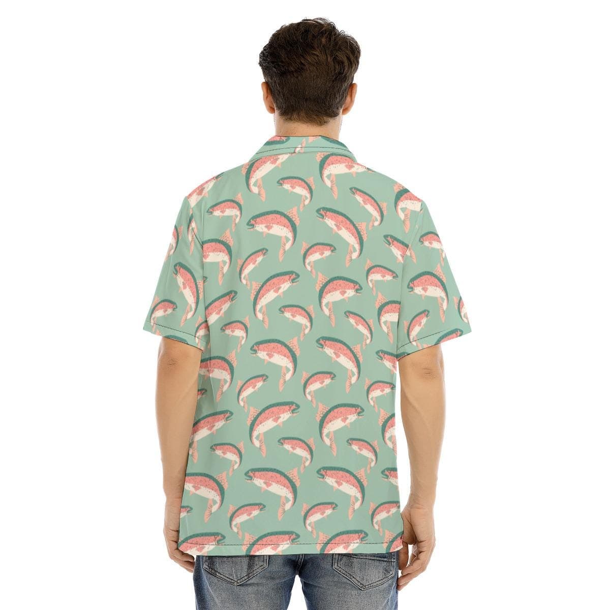 Men's Salmon Trout Hawaiian Shirt | Mint Green Fishing Aloha Shirt | Summer Short Sleeve Button Down | Angler Gift