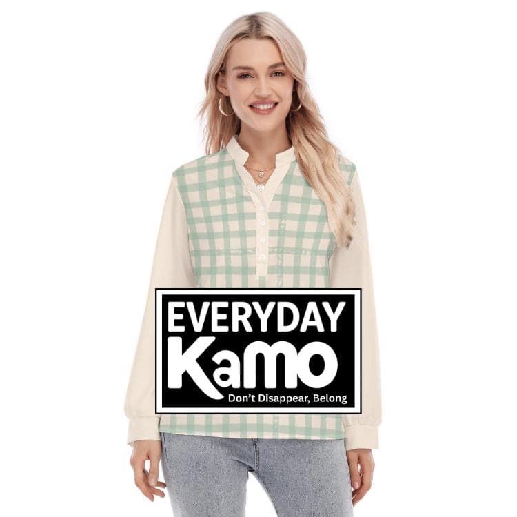 Mint Green Gingham Blouse, Long Sleeve Henley Shirt