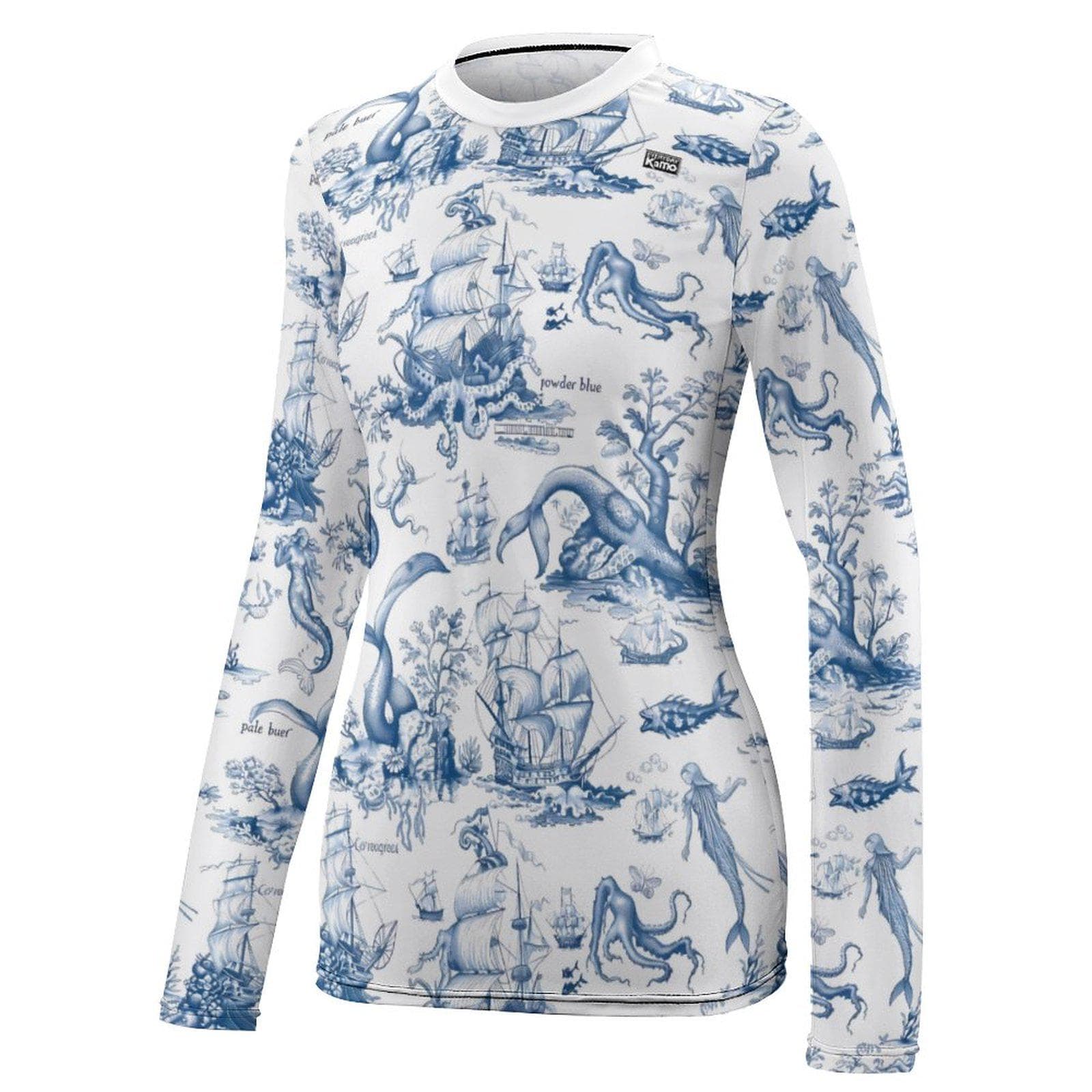 Women's Blue Toile Nautical UPF 40 Sun Protection Shirt | Mythical Sea Creatures & Ships | Quick Dry Ice Silk Rash Guard Tee