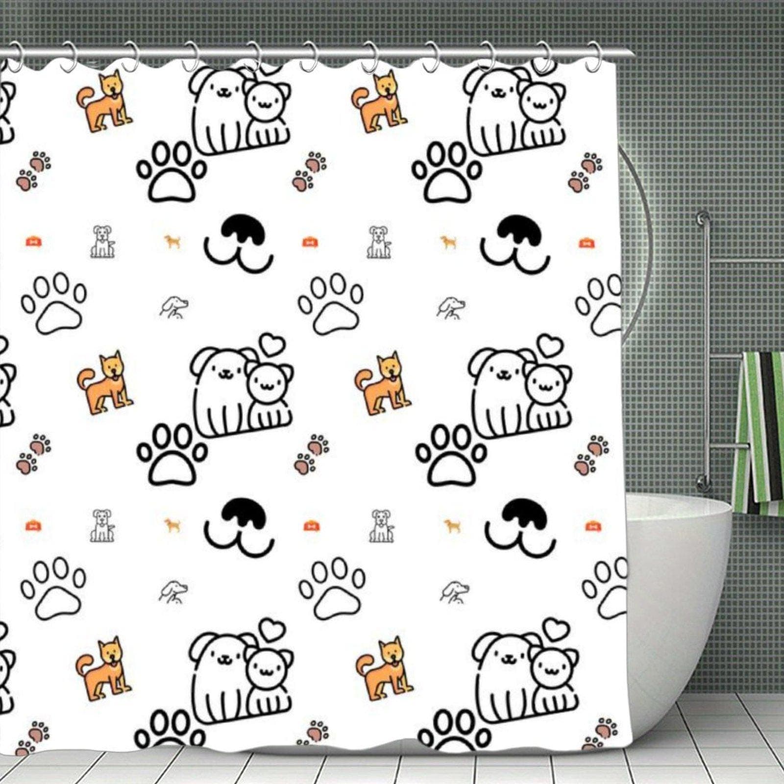 Dog Cat Paw Print Shower Curtain - Waterproof Polyester Kawaii Bathroom Decor