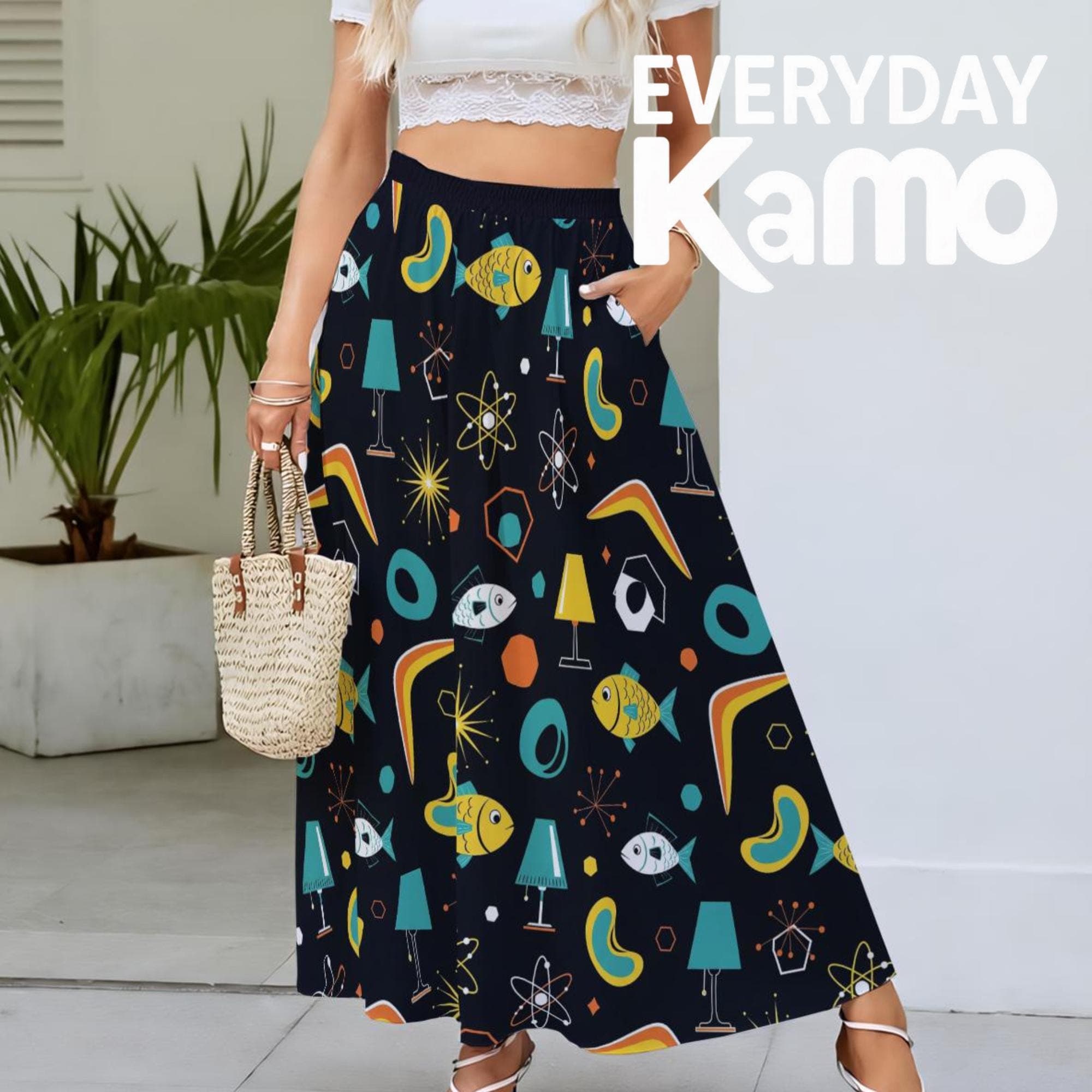 Atomic Fish Maxi Skirt | Retro Mid-Century Modern Print | Elastic Waist
