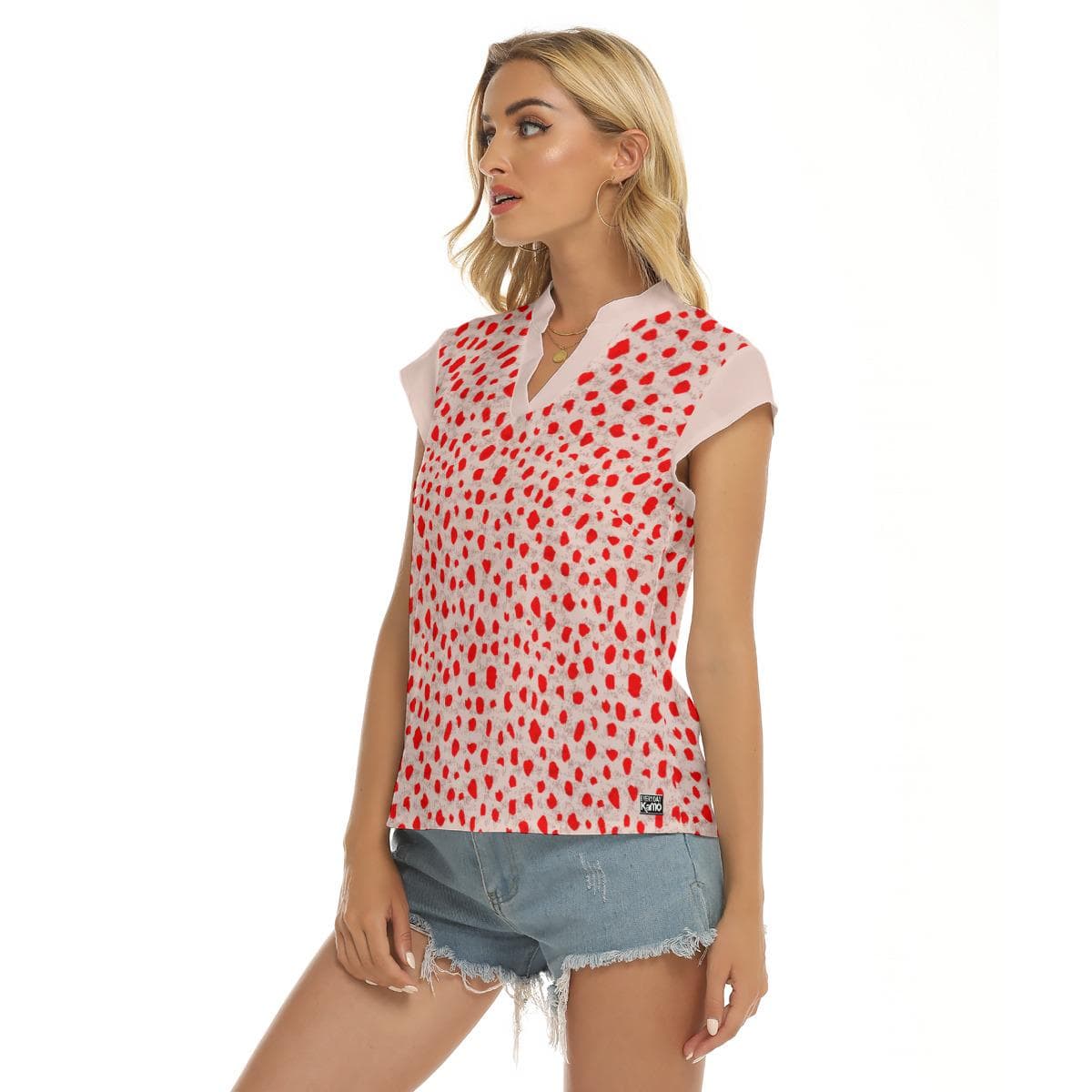 Chic Red Spot Print V-Neck Blouse | Women's Short Sleeve Top | Four-Way Stretch Comfort
