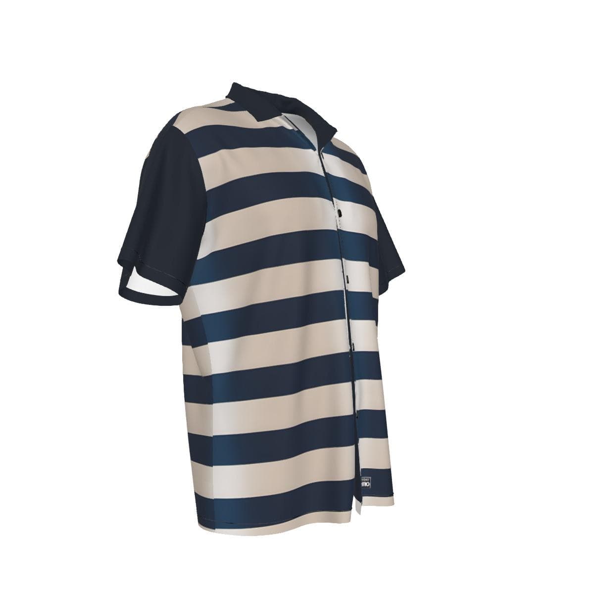 Men's Classic Striped Hawaiian Shirt with Roman Collar | Navy & Cream Summer Beach Button Up | Breathable Poly-Spandex
