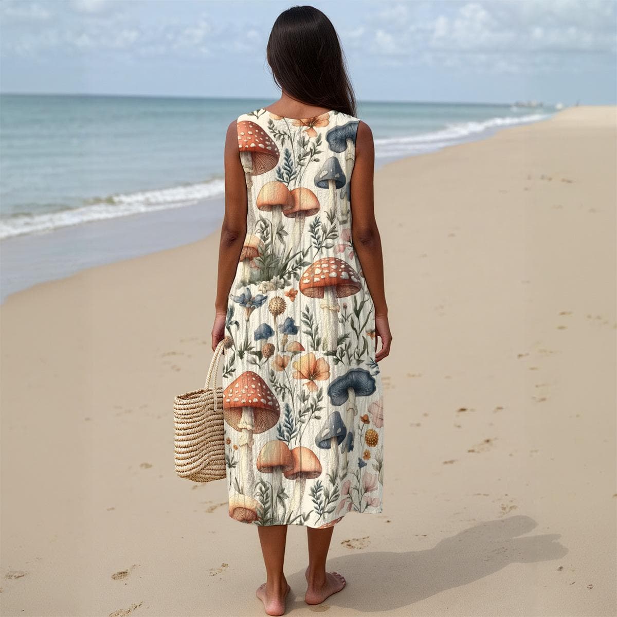 Mushroom Print Cotton Slub A-Line Dress | Made-to-Order Sleeveless