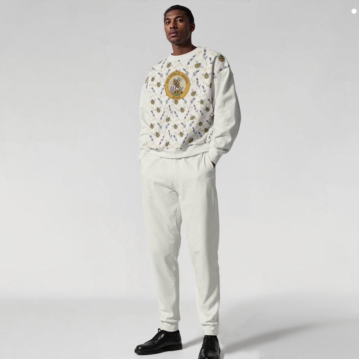 Eco-Friendly Bee & Lavender Sweatshirt Jogger Set | Unisex Sustainable Loungewear | Recycled Polyester Two-Piece Outfit
