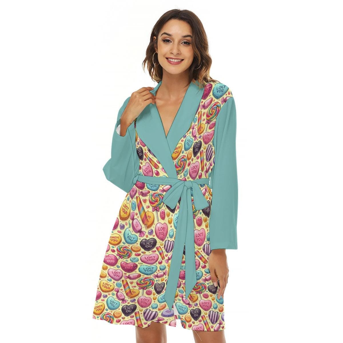 Sweet Candy Heart Robe | Women's Colorful Lounge Kimono with Pockets | Jersey Bathrobe Gift