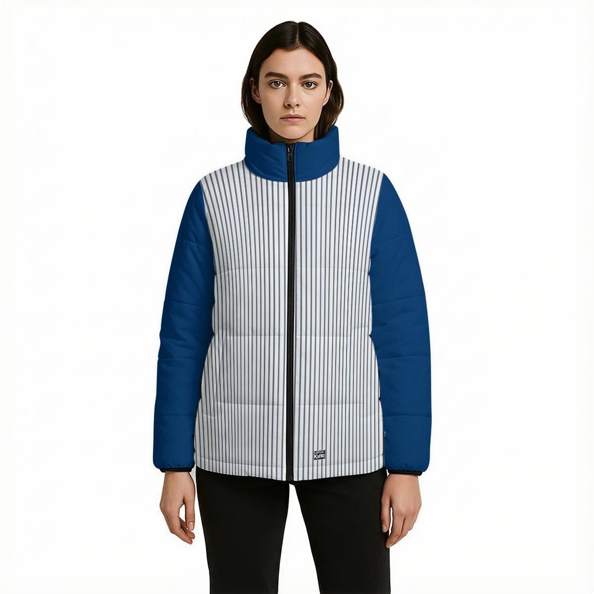 Chic Striped & Blue Puffer Jacket | Lightweight Women's Padded Winter Coat | Stylish Stand-Up Collar Outerwear