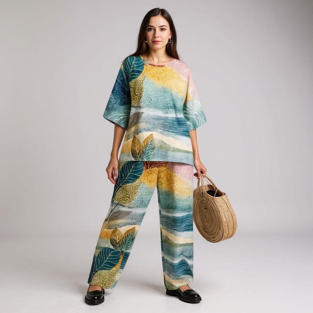 Slub Linen Two Piece Set | Abstract Print Loungewear