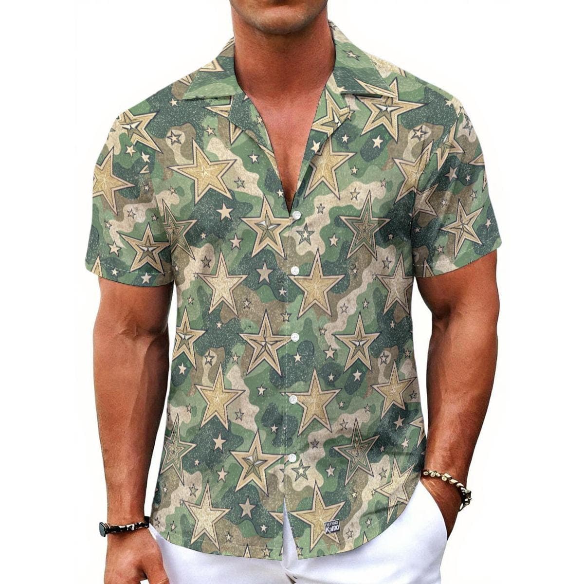 Men's Star Camouflage Hawaiian Shirt | Green Camo Aloha Shirt | Military Star Print Camp Collar Button Up | Breathable Summer Vacation Top