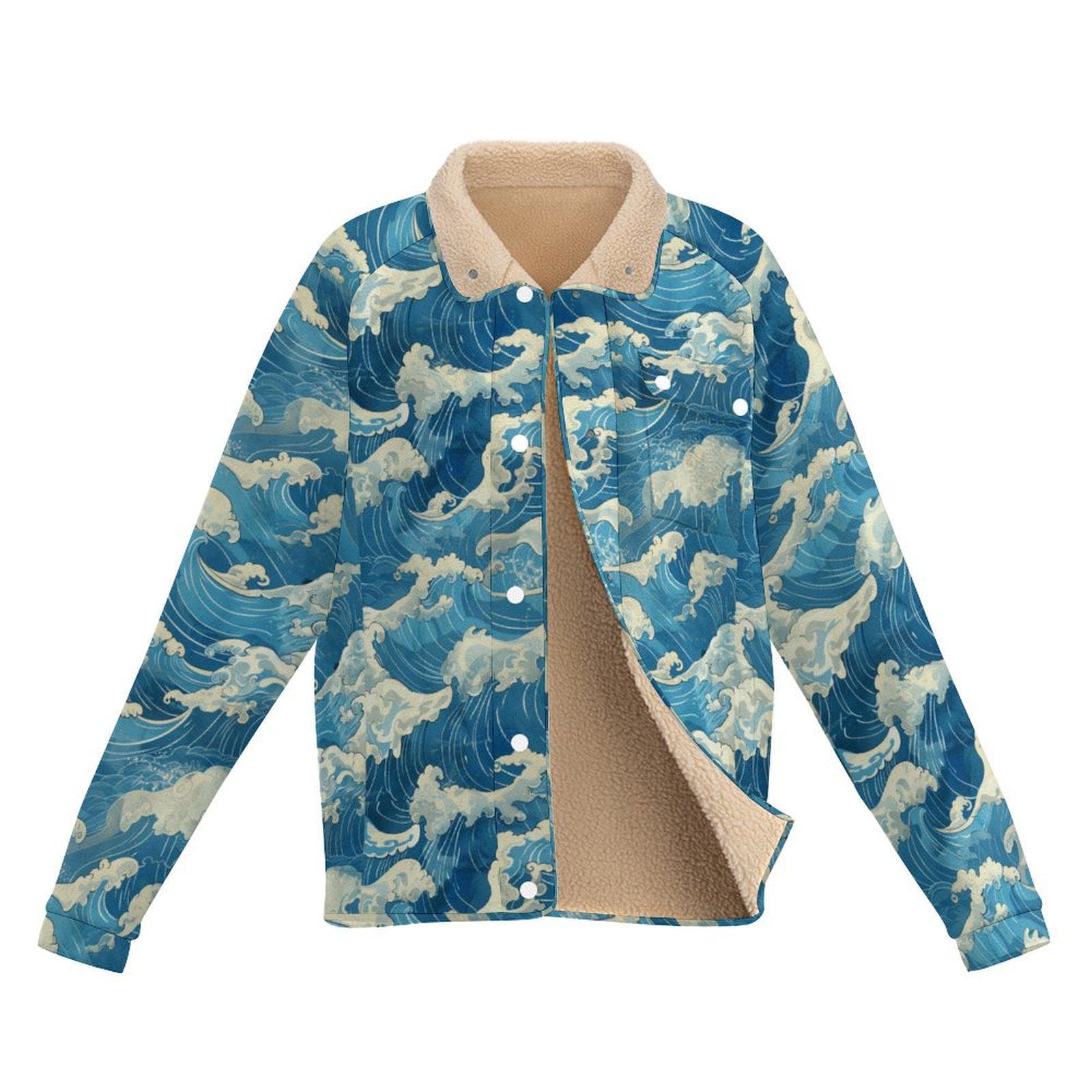 Coastal Wave Fleece Shacket | Sherpa Lined Stand-up Collar Jacket | Ocean Print Cozy Outerwear