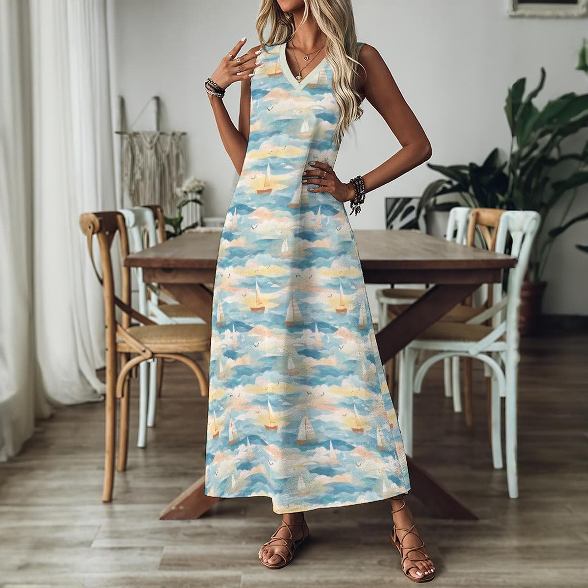 Summer Sailboat Maxi Dress, Women's V-Neck A-Line Vacation Dress, Nautical Print Sleeveless Sundress