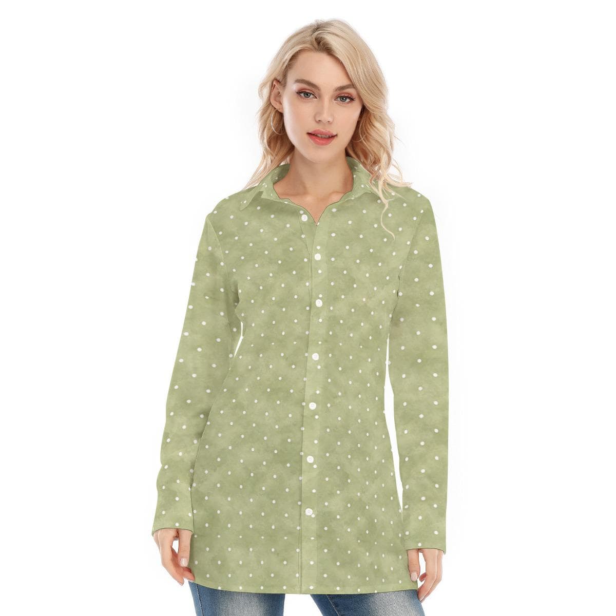 Sage Green Polka Dot Cotton Stretch Tunic Shirt Women's Button Down Top