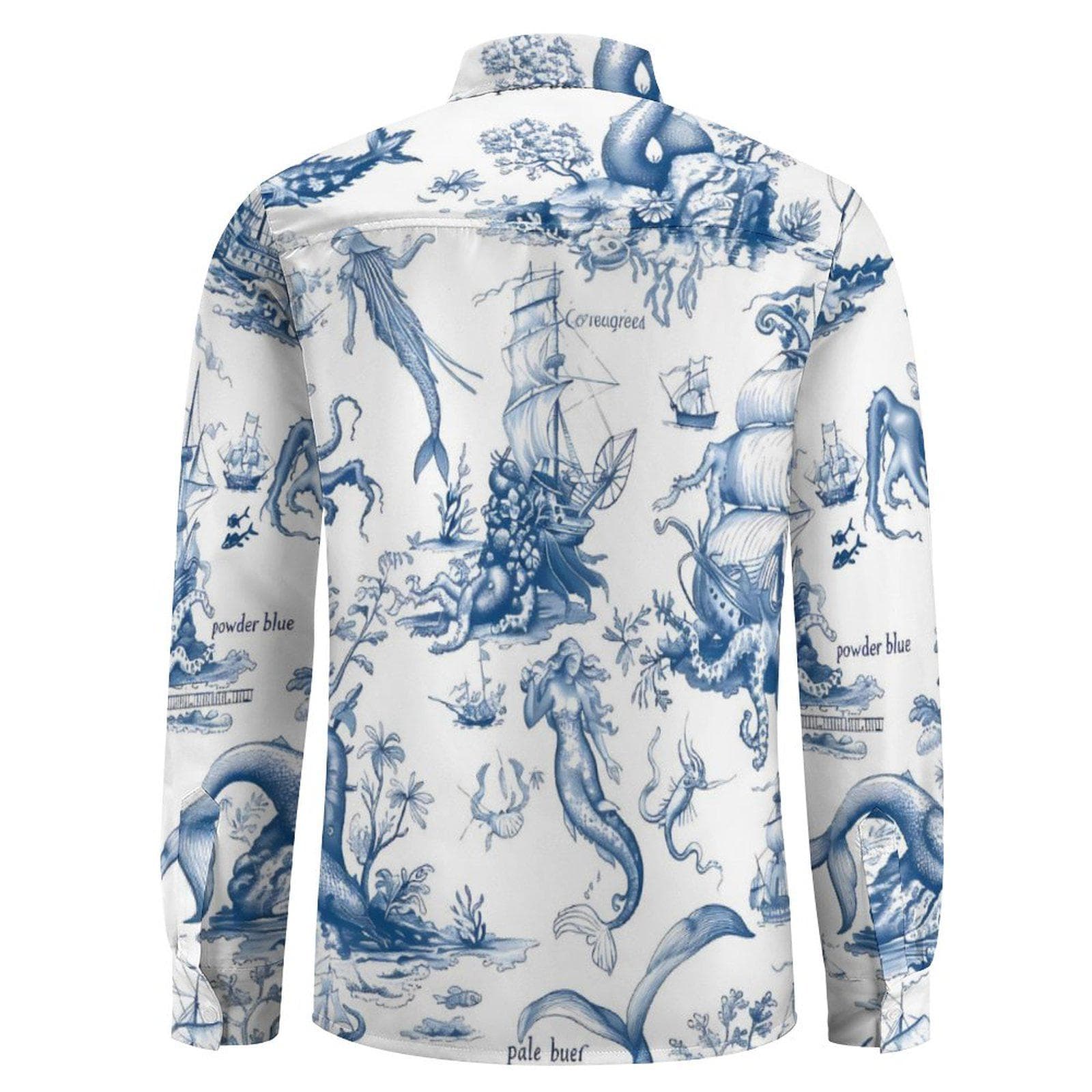 Men's Vintage Ocean Toile Long-Sleeve Shirt | Nautical Mythology Print V-Neck Button Up | Mermaids & Octopus Casual Top