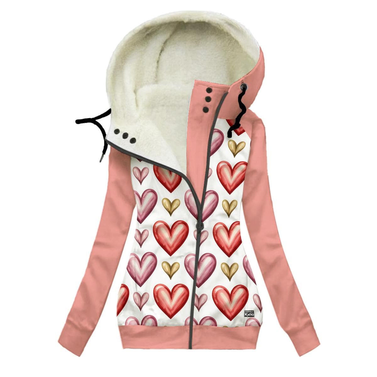 Charming Heart Print Plush Lined Hoodie - Oblique Zipper Warm Winter Jacket