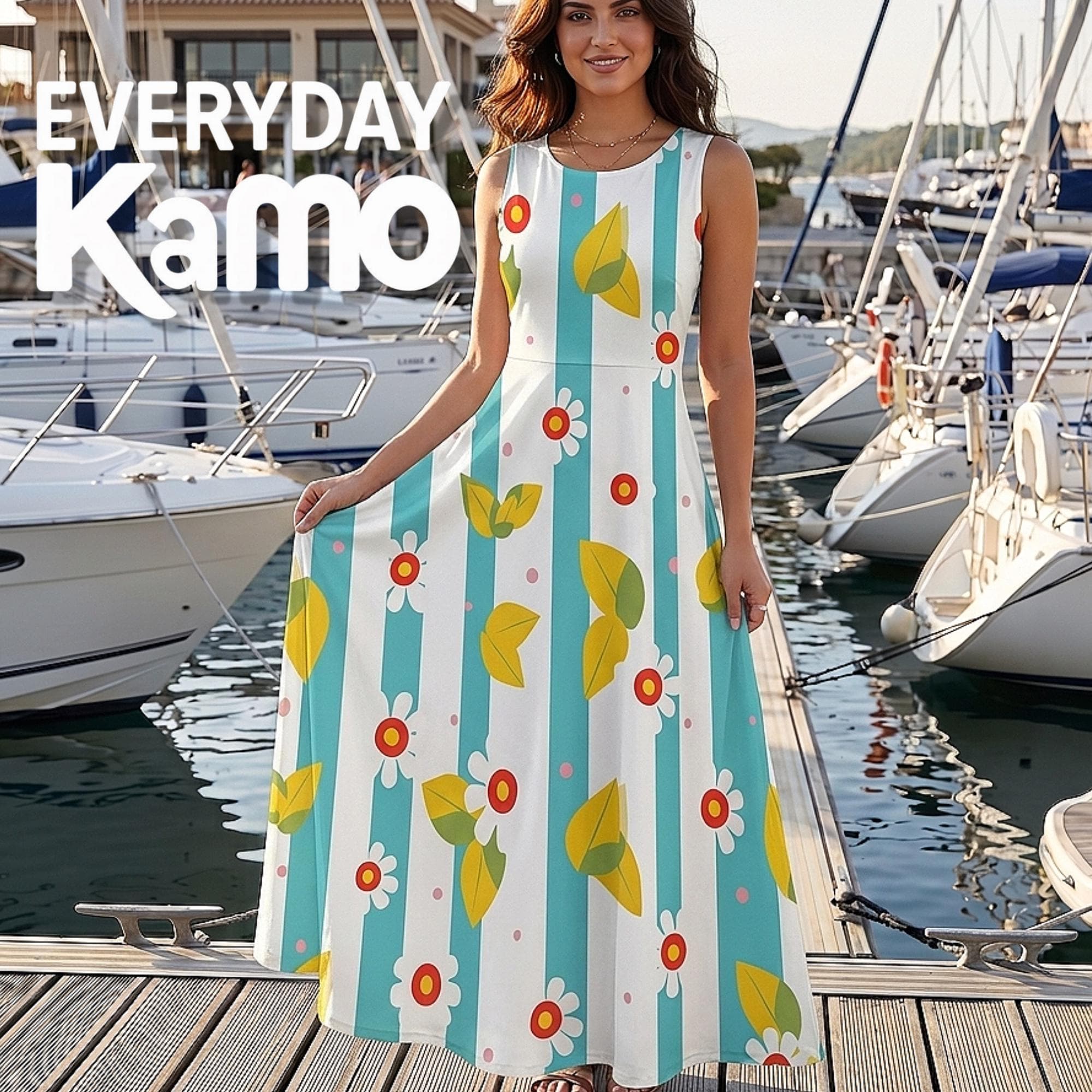 Sleeveless Floral Stripe Cotton Slub Midi Dress, Summer Beach Vacation Relaxed A-Line Sundress, Women's Elegant Lightweight Casual