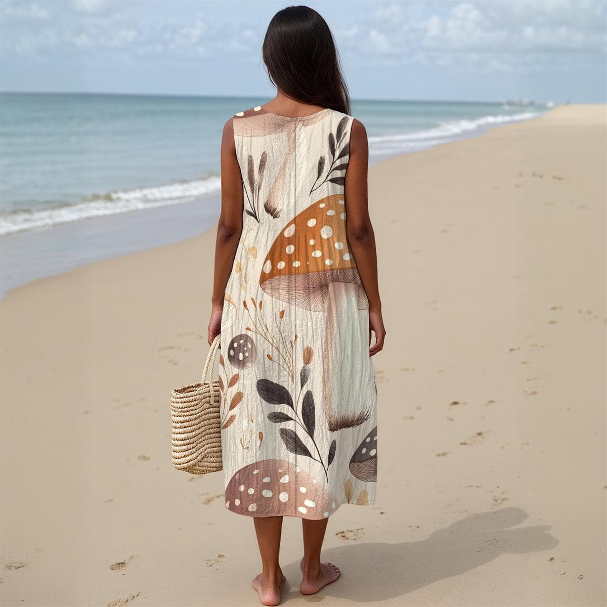 Cotton Slub A-Line Summer Dress | Sleeveless Crew Neck Botanical Print