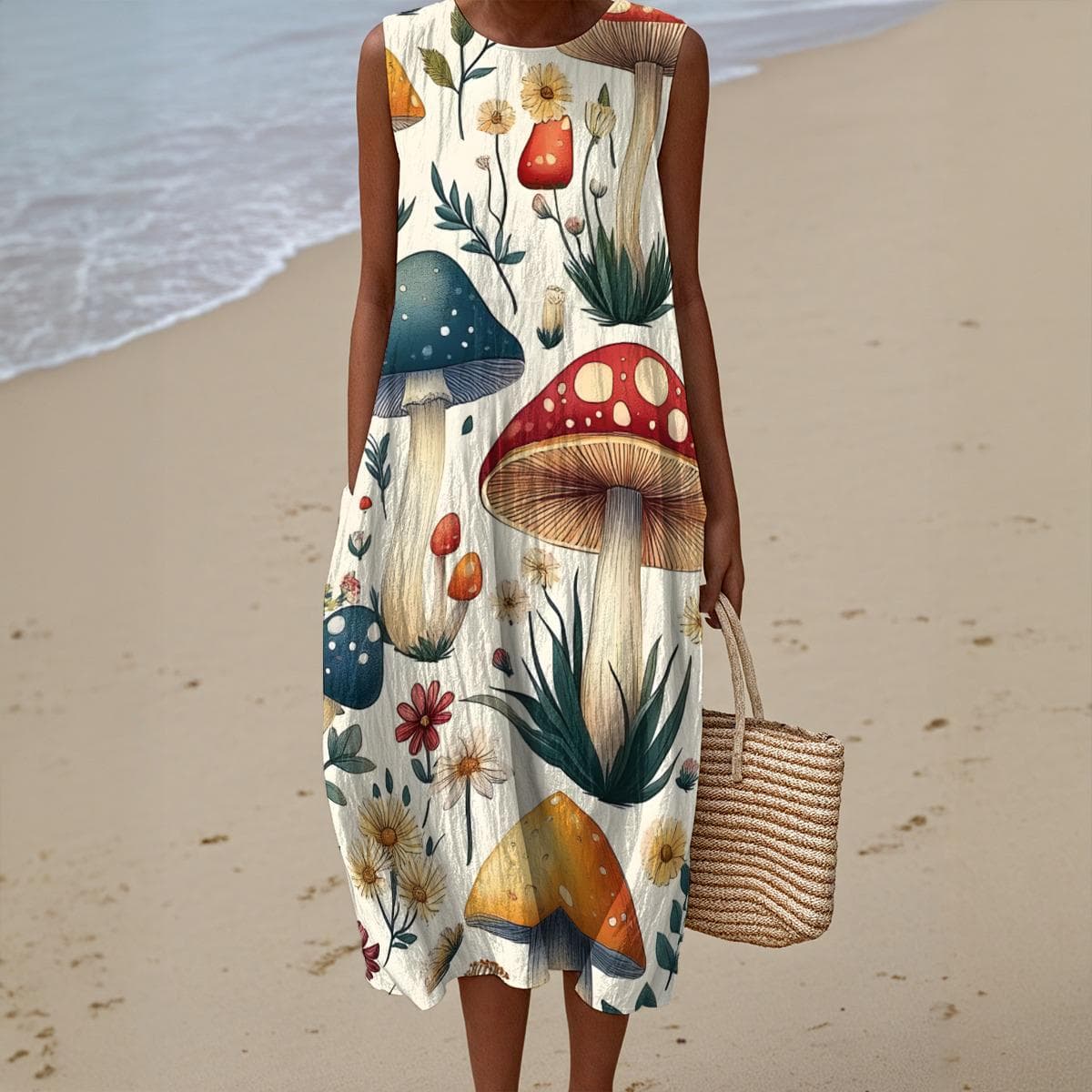 Botanical Mushroom Cotton Slub A-Line Sleeveless Summer Dress