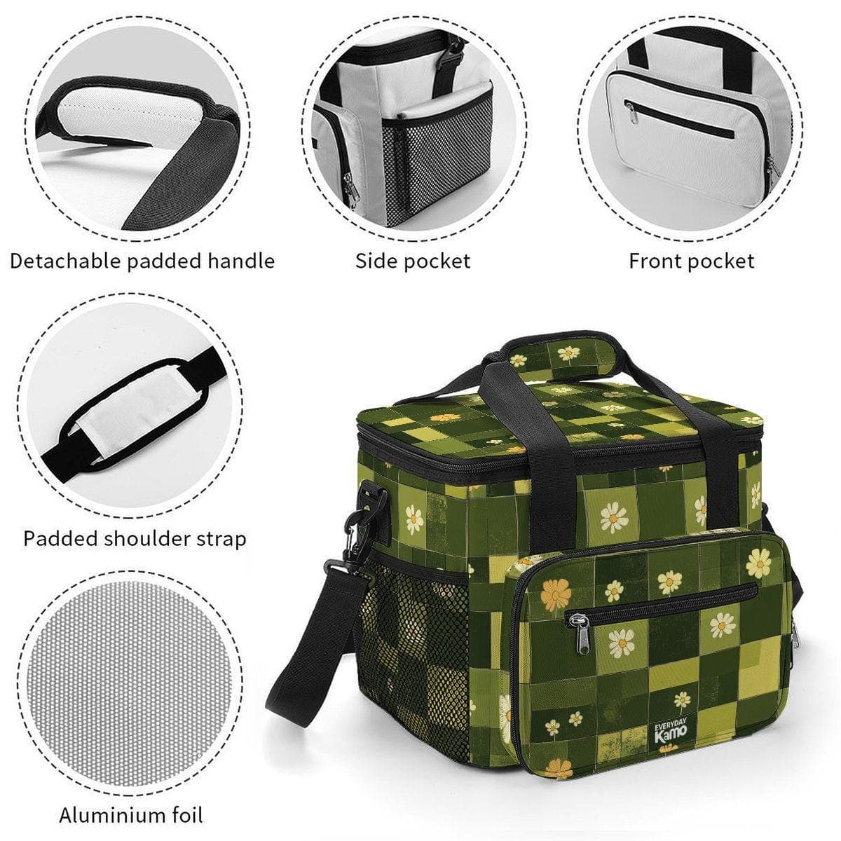 Daisy Plaid Insulated Lunch Bag Oxford Fabric Leakproof Cooler Tote