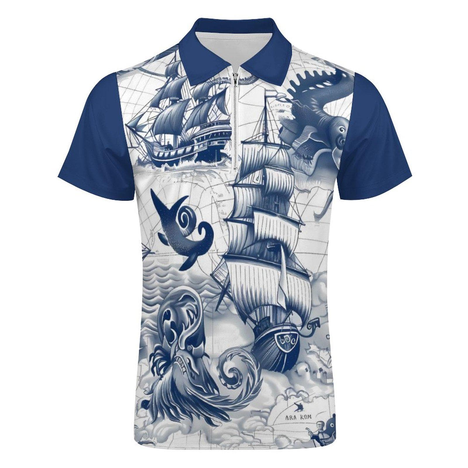 Men's Nautical Kraken Polo | Blue Ship Print Zip Shirt