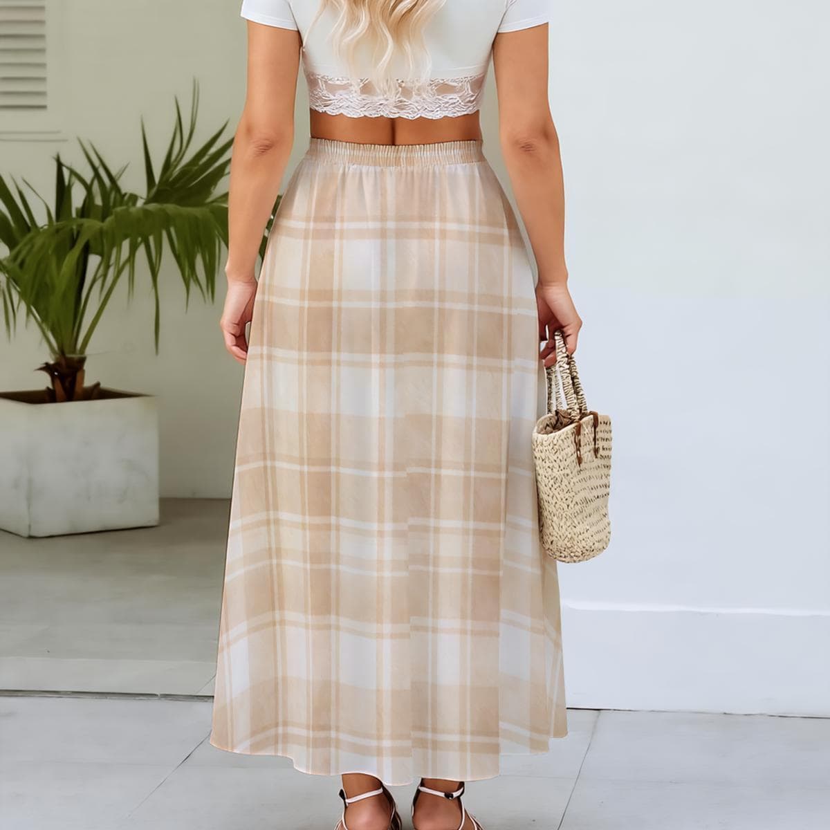 Plaid Maxi Skirt with Pockets | Elastic Waist Boho Long Skirt | Tan Cream