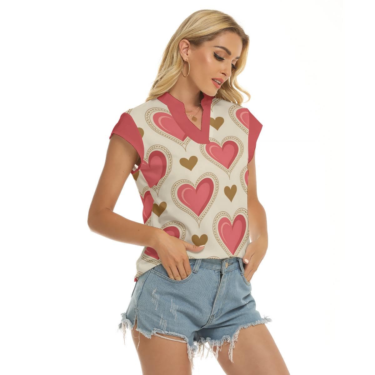 Charming Heart Print V-Neck Top | Women's Short Sleeve Love Blouse | Everyday Romantic Tee