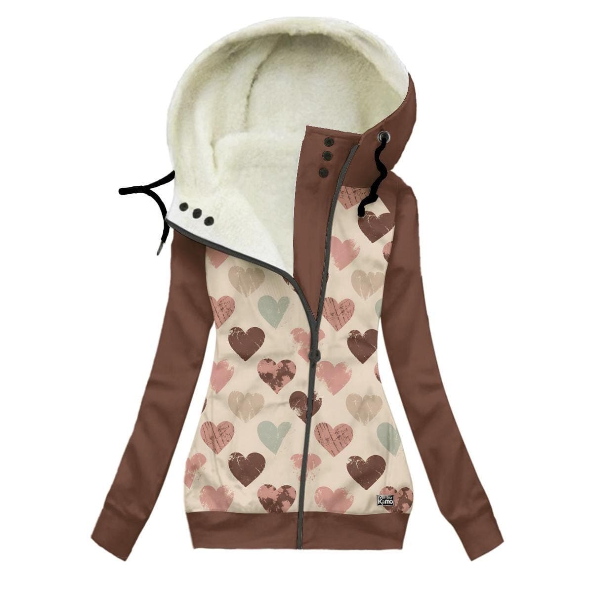 Heart Print Plush Hoodie | Asymmetrical Zip Winter Jacket