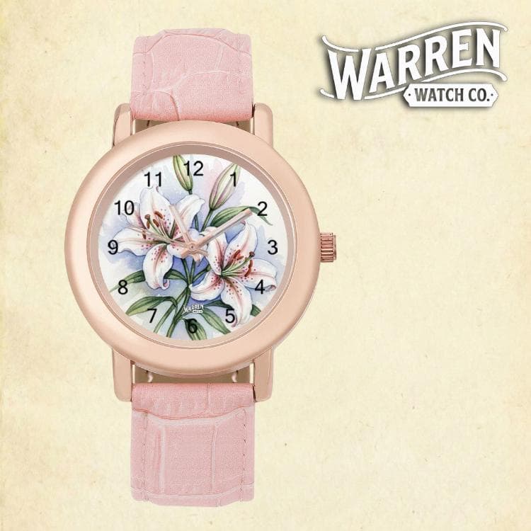 Warren Watch Co. Pink Lily Floral Watch | Alloy Case & Leather Strap