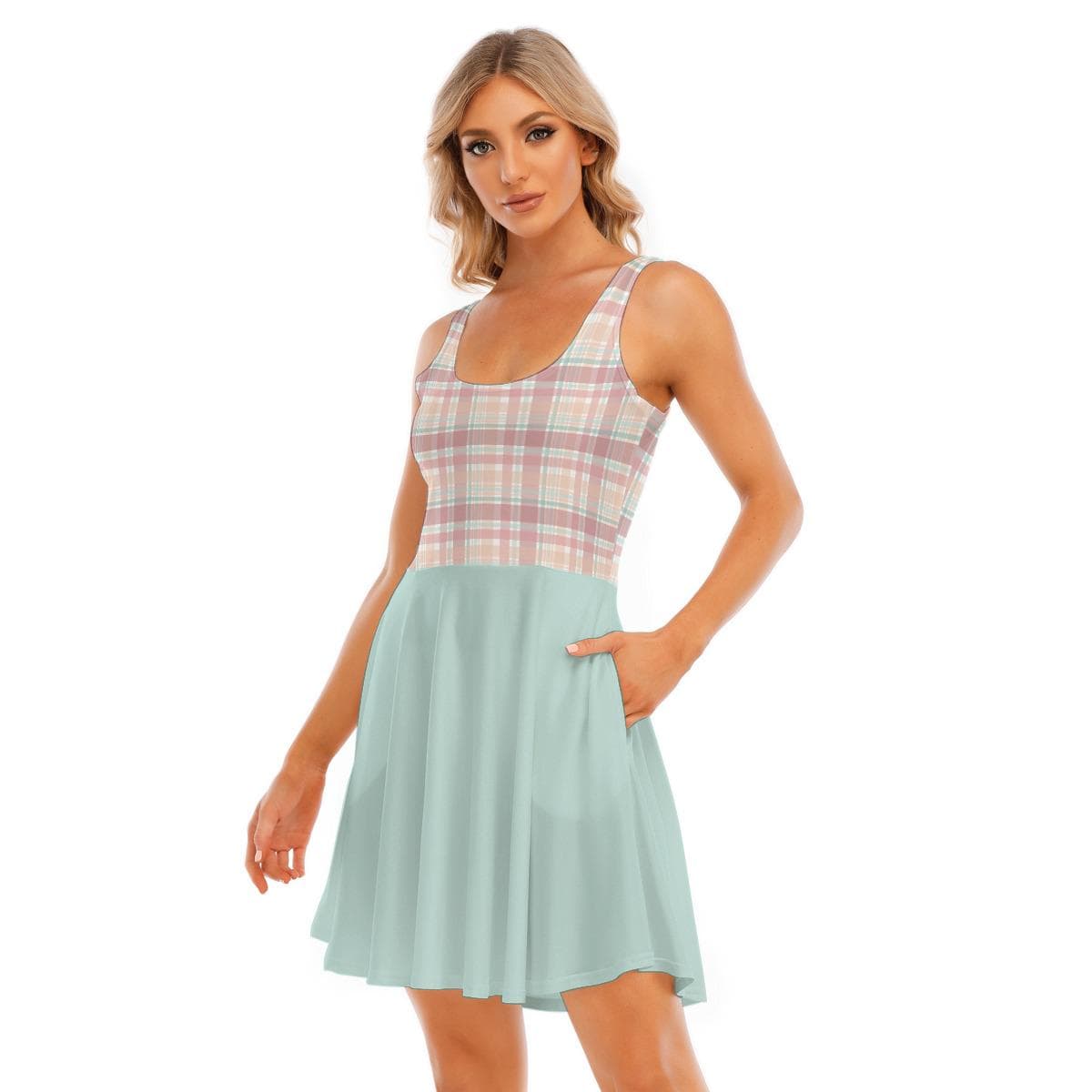 Charming Plaid & Pastel Skater Dress | Everyday Kamo Wide Strap Scoop Neck