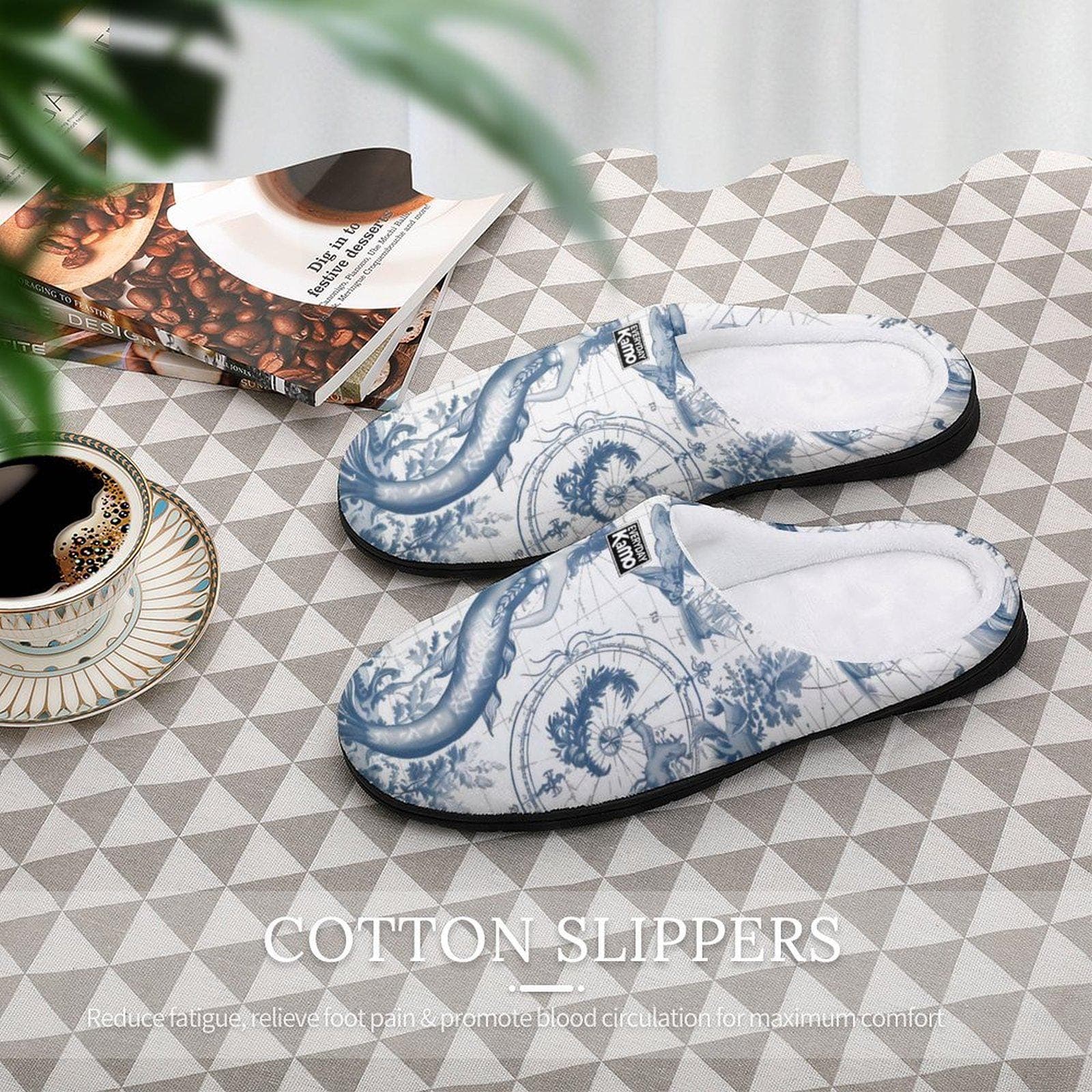 Enchanting Mermaid Toile Cotton Slippers for Women - Cozy Nautical House Shoes with Anti-Skid Sole