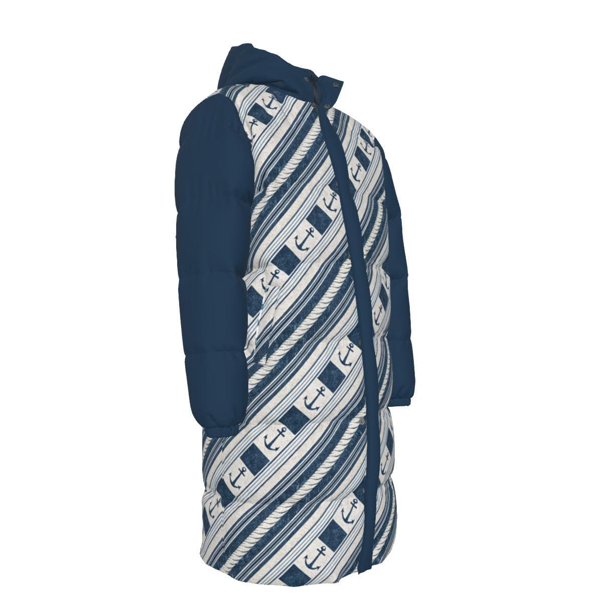 Nautical Anchor Print Long Puffer Jacket - Windproof Down Coat for Cold Weather Adventures