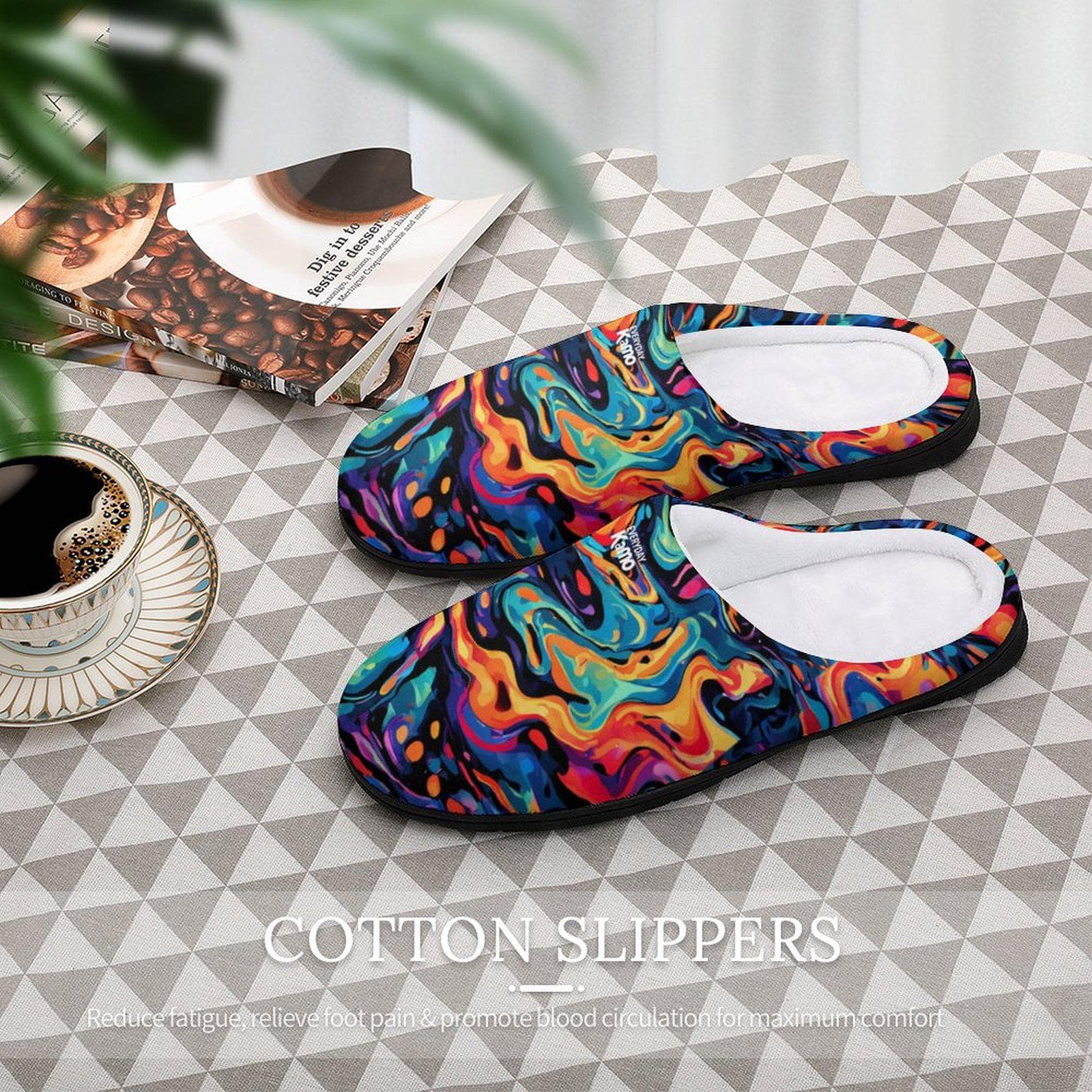Everyday Kamo Vortex Swirl Art Slippers | Vibrant Abstract Cozy Cotton House Shoes for Women | Anti-Skid Lounge Footwear