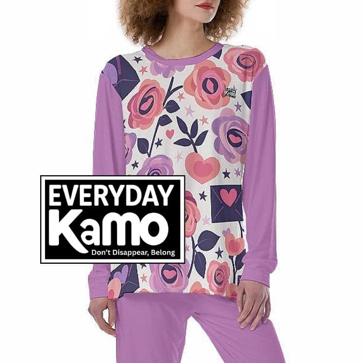 Cozy Floral Heart Pajama Set for Women | Soft Purple Rose Loungewear | Skin-Friendly Two-Piece Sleepwear