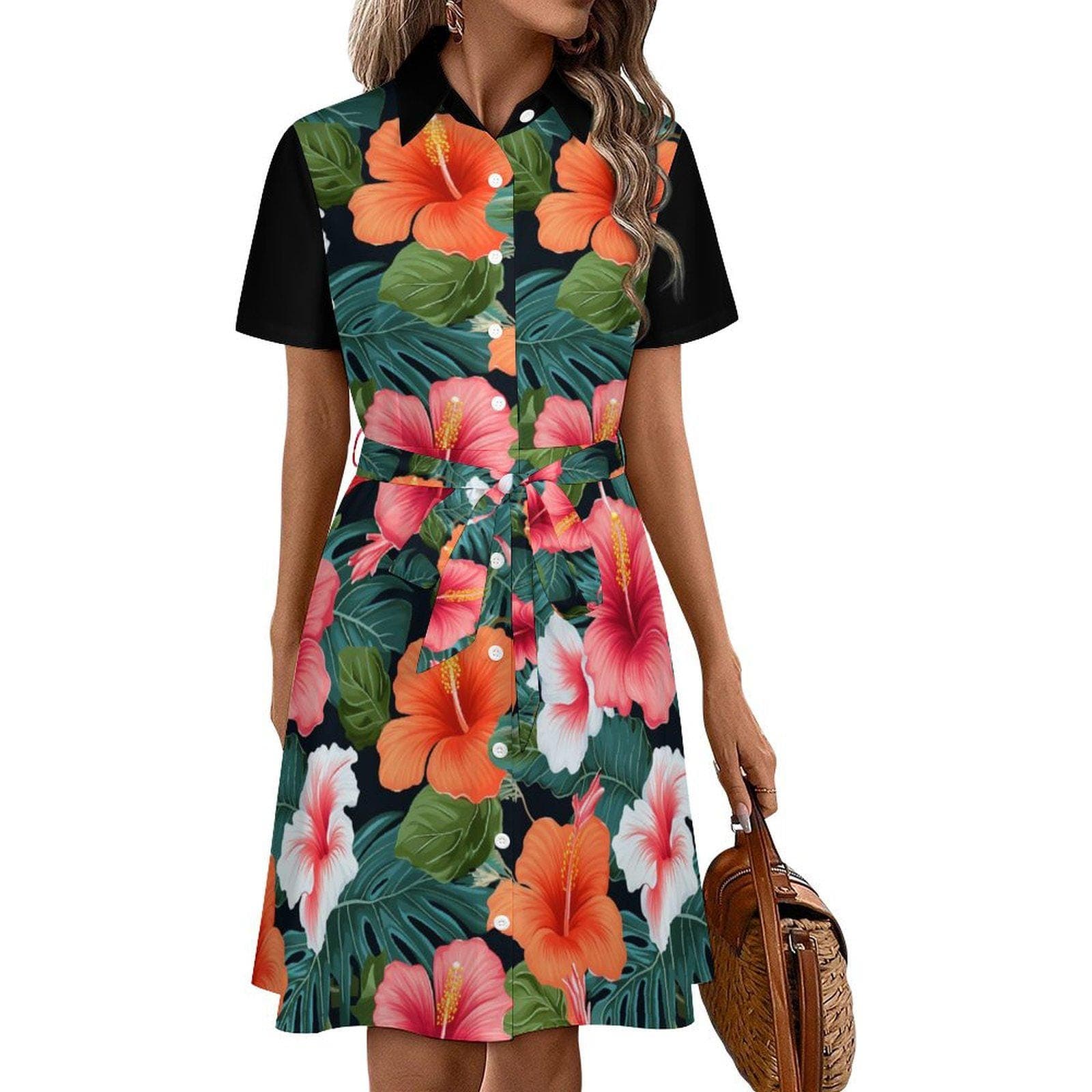 Tropical Hibiscus Shirt Dress | Women's Floral Button Down Collared Sundress with Tie Belt | Vibrant Summer Beach Vacation Resort Wear