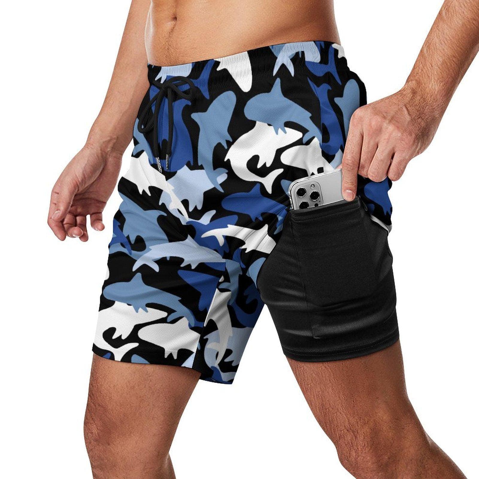 Men's Blue Shark Camouflage Beach Shorts | Quick Dry Swim Trunks with 4 Pockets