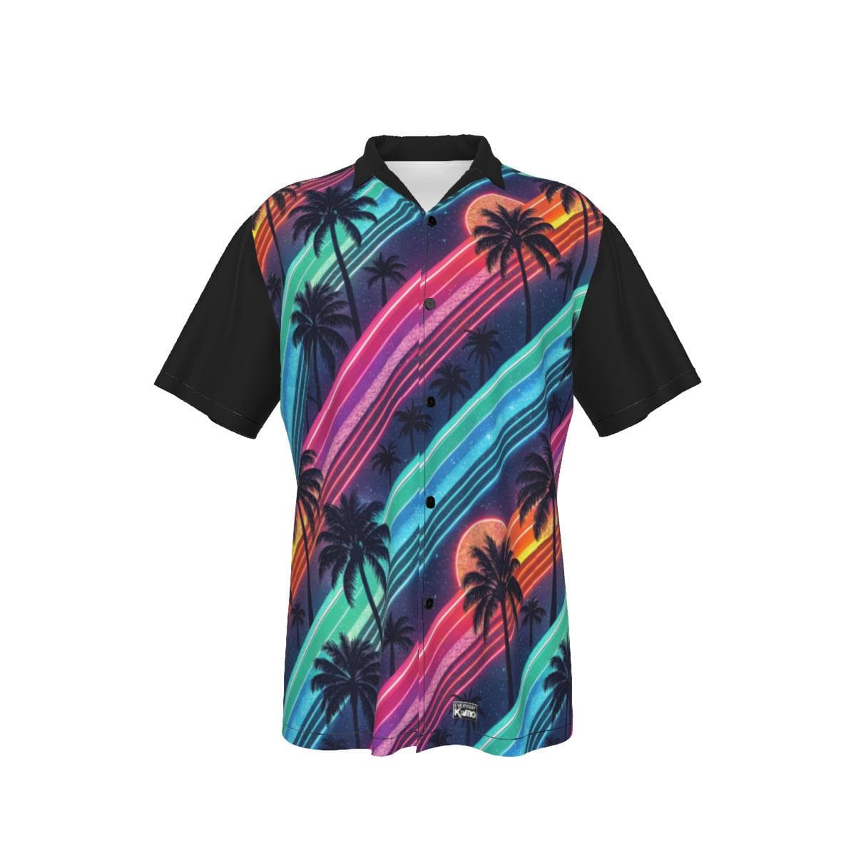 Vaporwave Neon Sunset Hawaiian Shirt | Retro 80s Synthwave Beach Button-Up | Aesthetic Palm Tree Summer Top